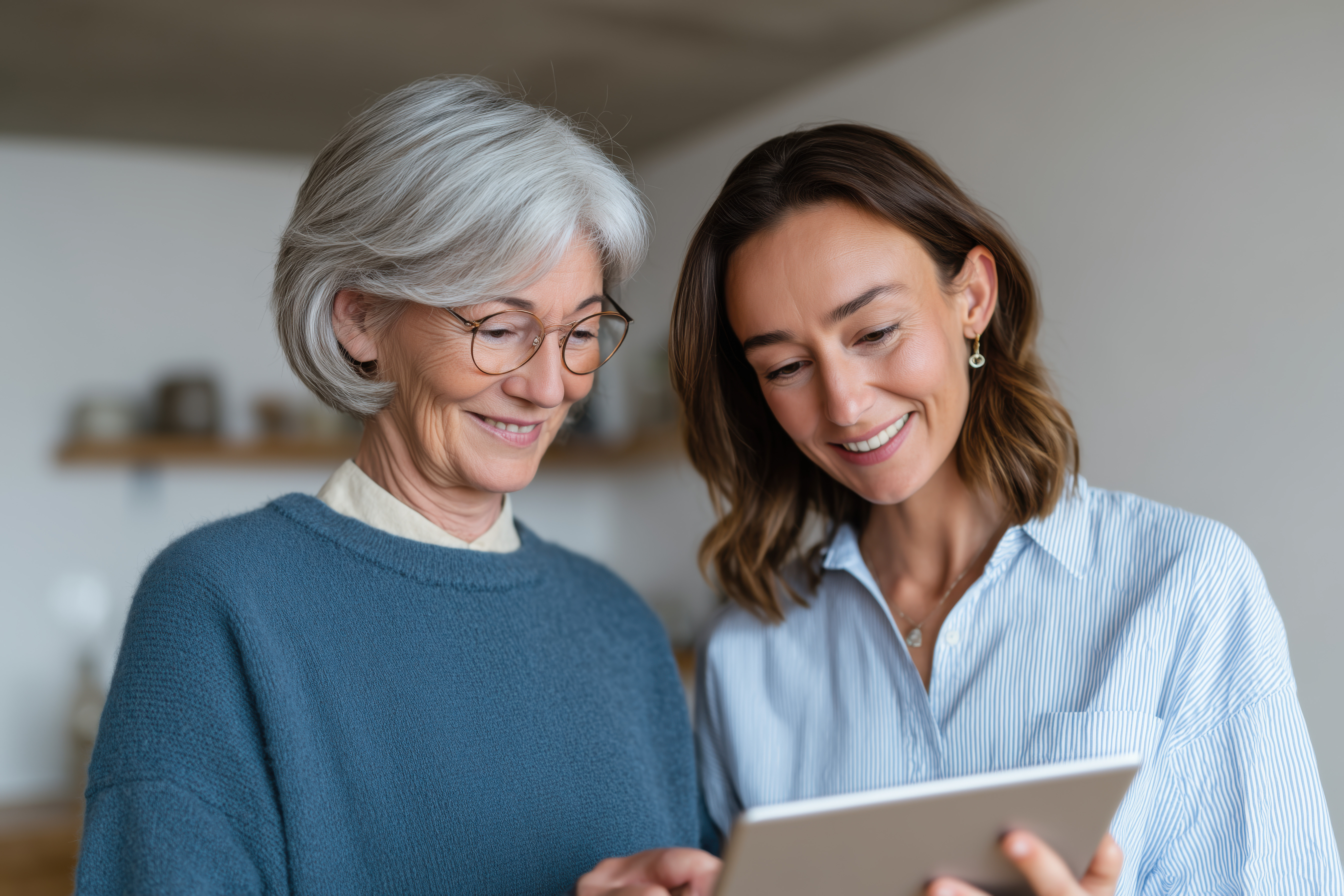 Healthcare patient reviews her personalized medical overview with family member