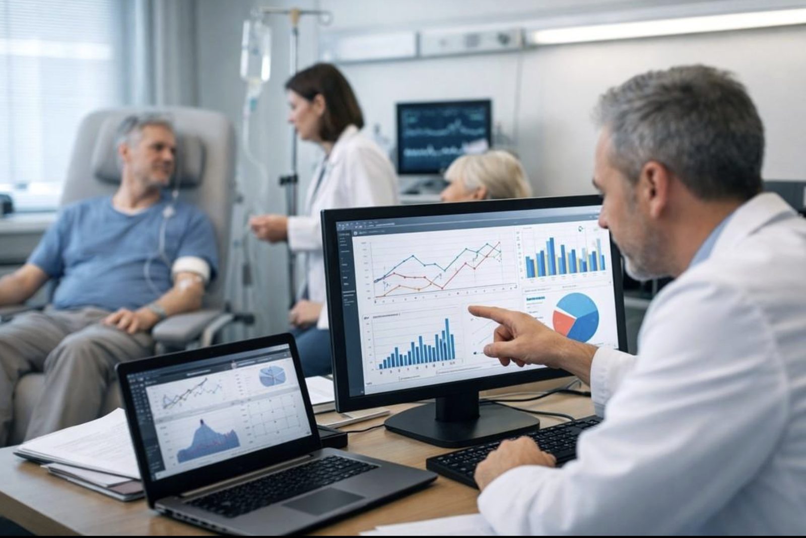 Physician reviewing treatment outcome data while patients receive care